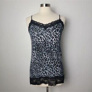 Rue 21 Y2K Black Gray and White Leopard Print Lace Trim Cami Top Size XL